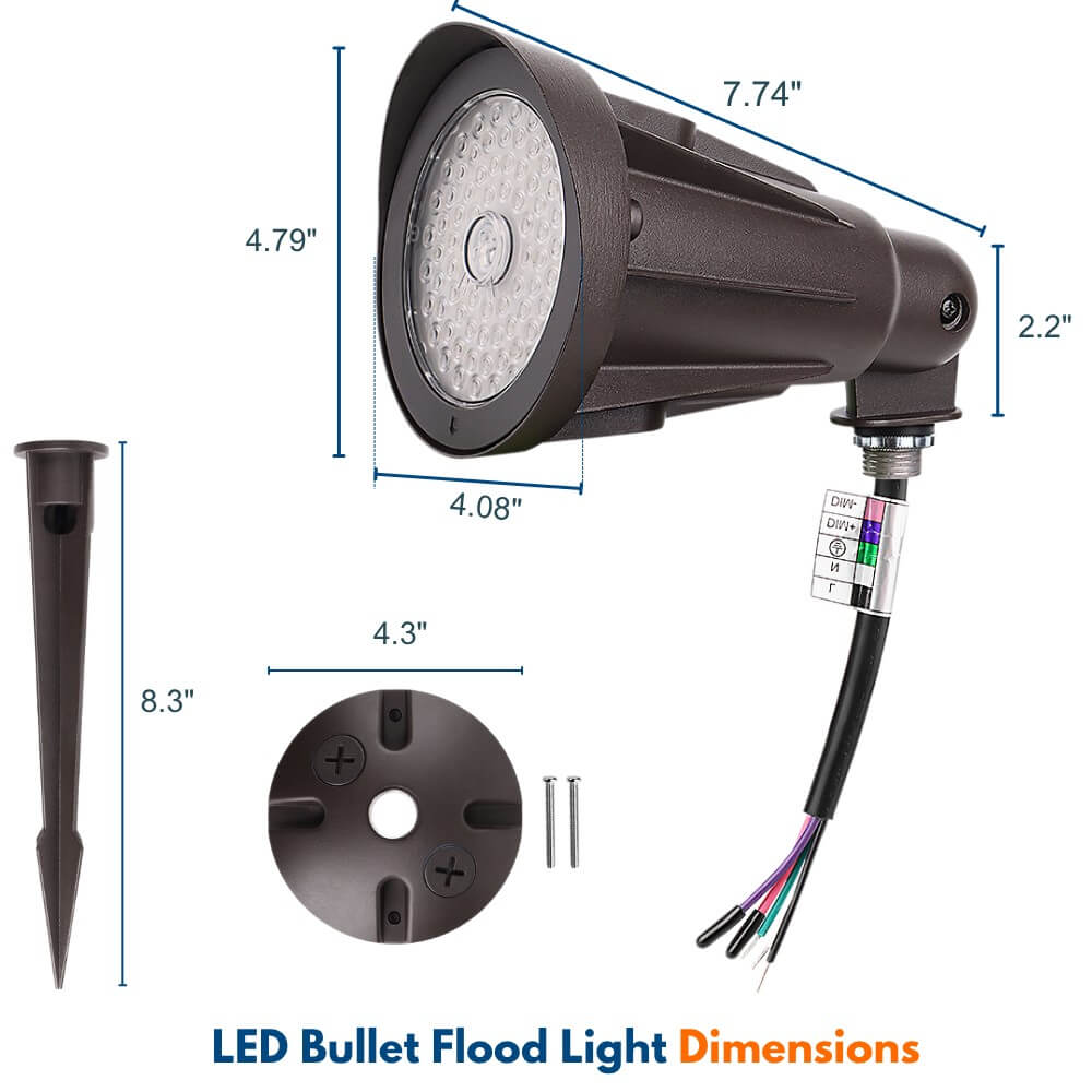 Konlite LED bullet flood light with dimensions and components