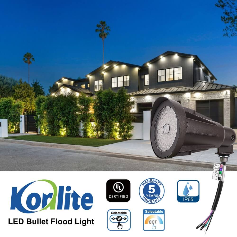LED flood light with a house in the background at night, featuring Koralite branding.