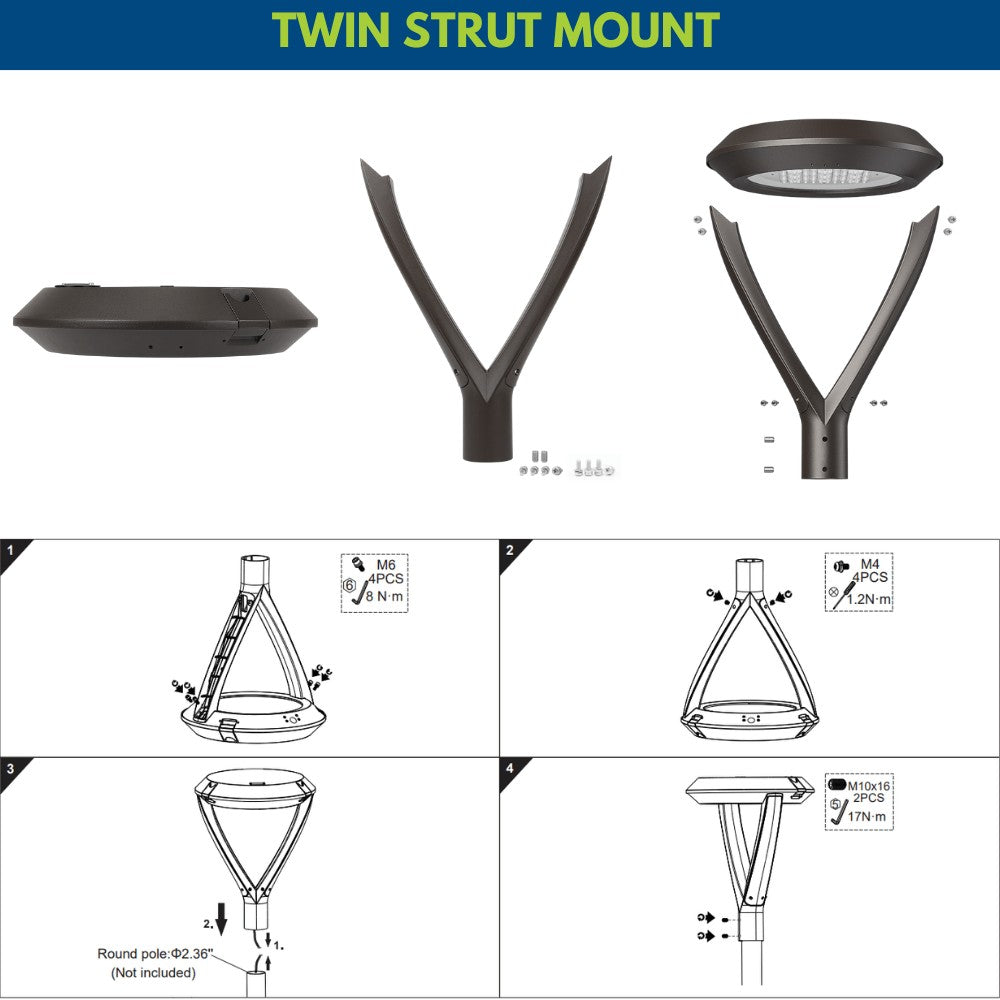 konlite led post top light twin strut mount options