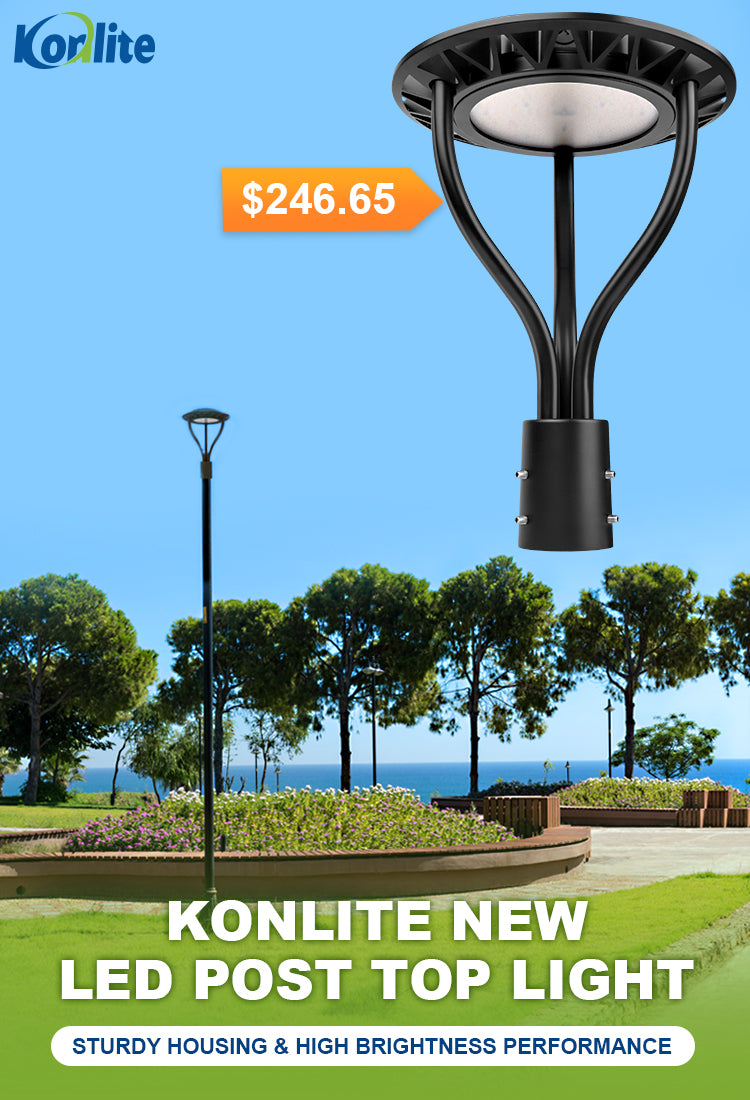 Konlite new LED post top light with a scenic background of trees and sky.