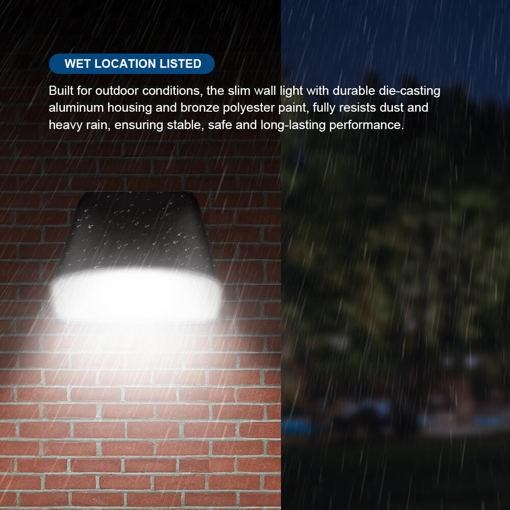 Konlite LED Slim Wall Pack Light dimensions on a brick wall with rain effects, text about wet location listing.