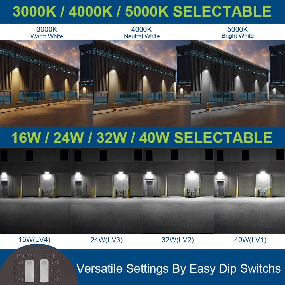 Konlite LED Slim Wall Pack Light with wattage selectable and CCT selectable features