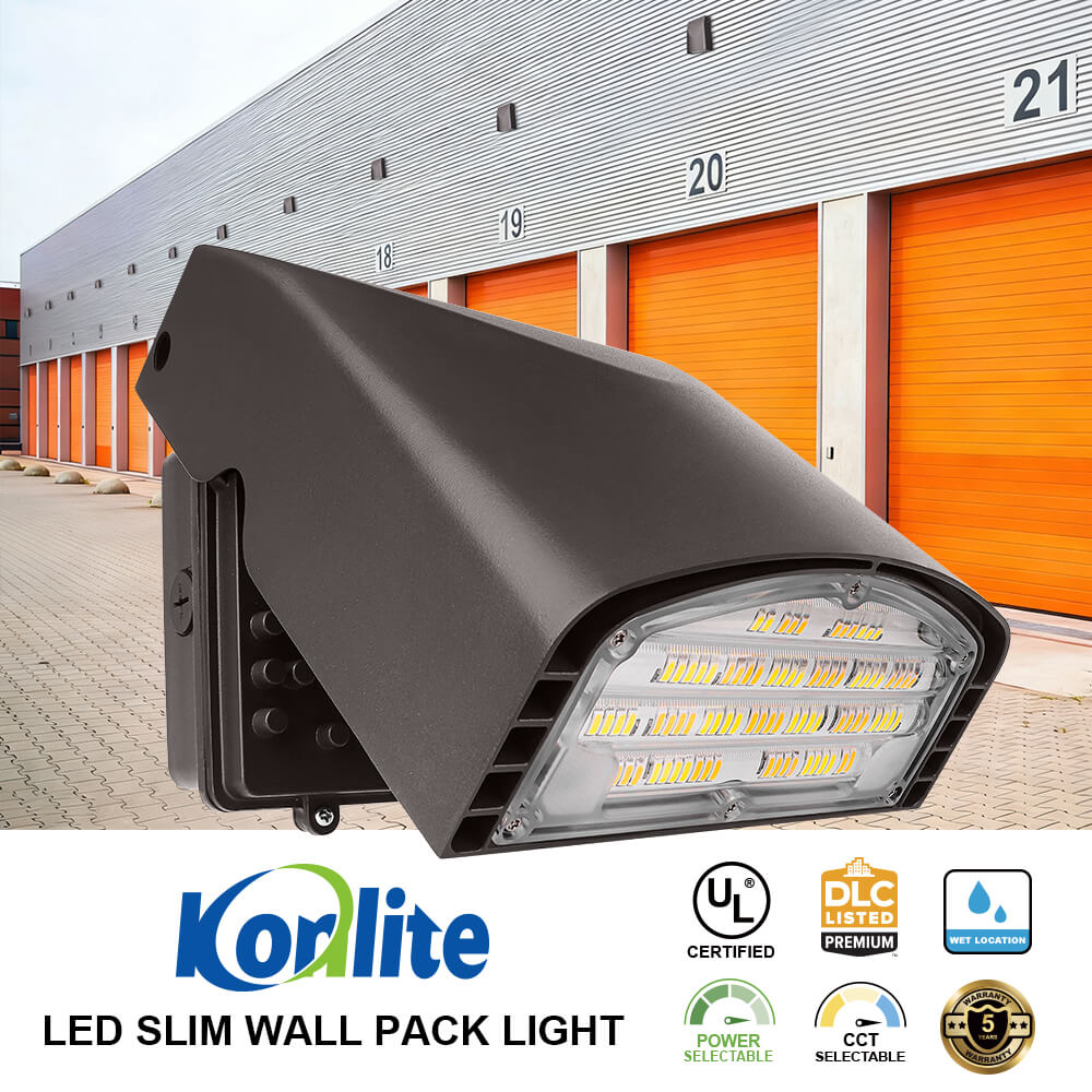 Konlite LED Slim Wall Pack Light in front of a building with orange doors