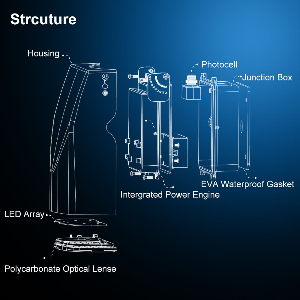 Technical diagram of a Konlite adjustable LED Slim Wall Pack Light - 80W