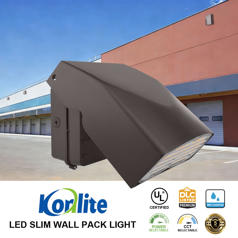 Konlite LED slim wall pack light in front of a building with Koralite branding and certification logos.