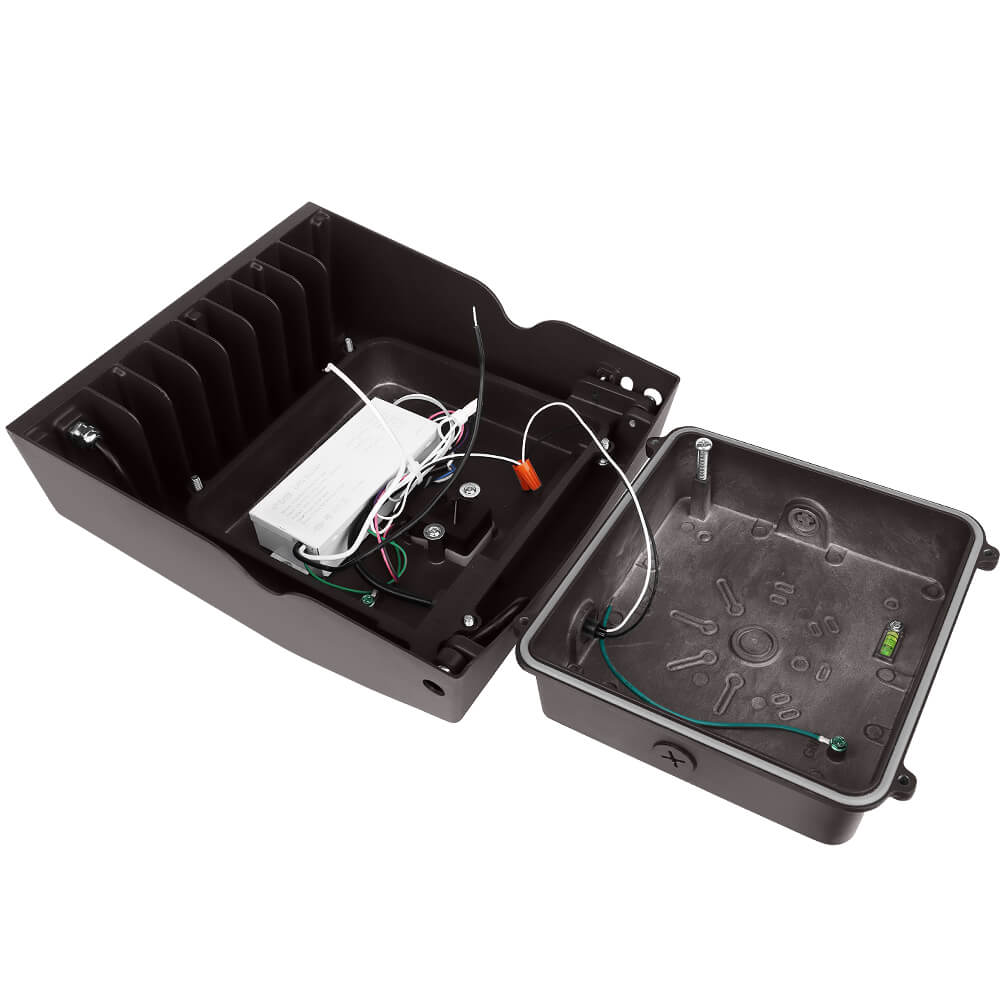 Open Konlite adjustable LED Slim Wall Pack Light with internal components on a white background