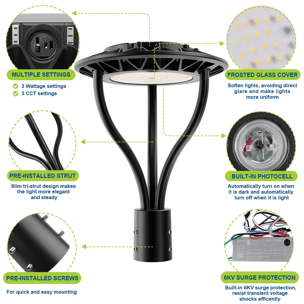 Konlite Black outdoor Postop light fixture with features highlighted