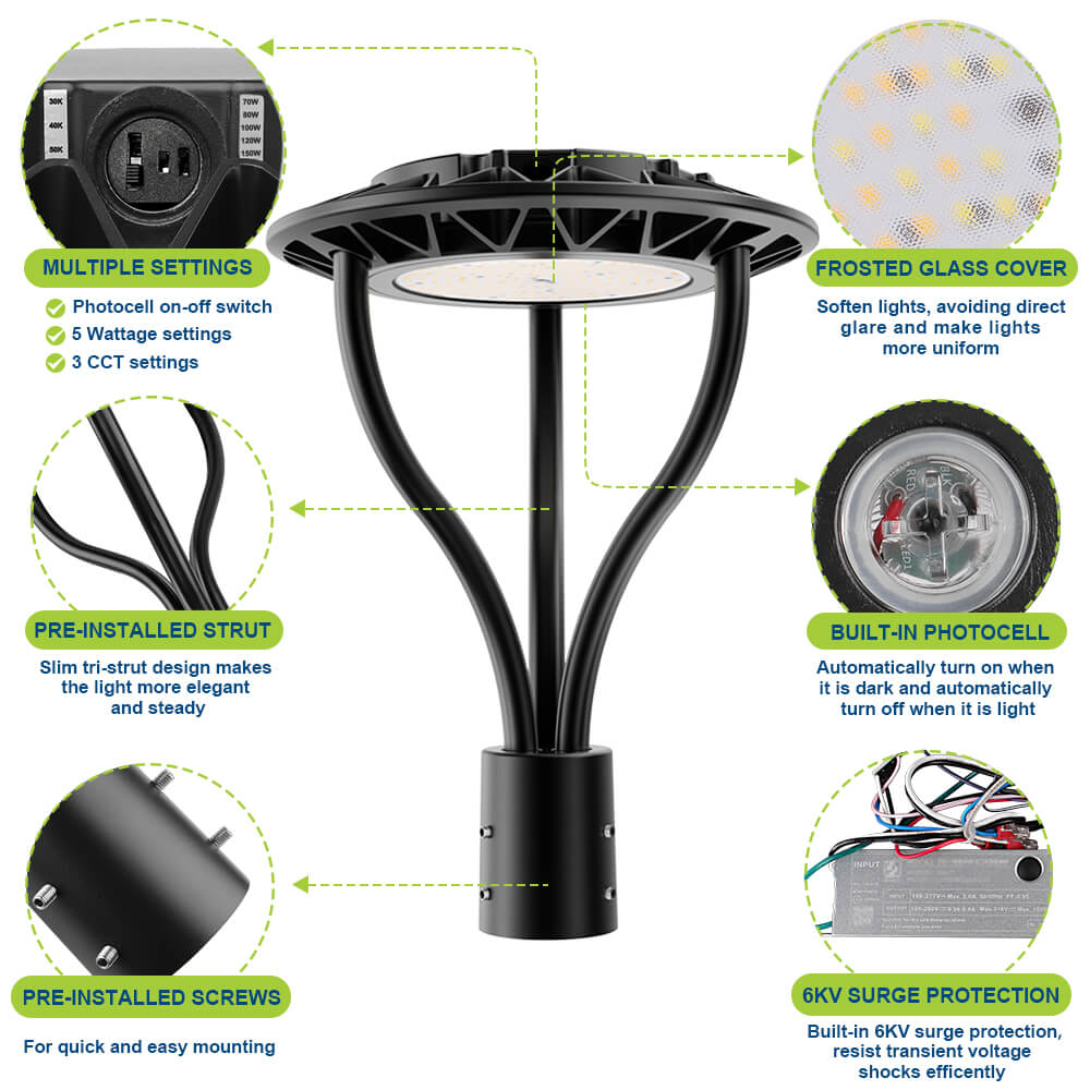 Konlite Black outdoor Postop light fixture with features highlighted