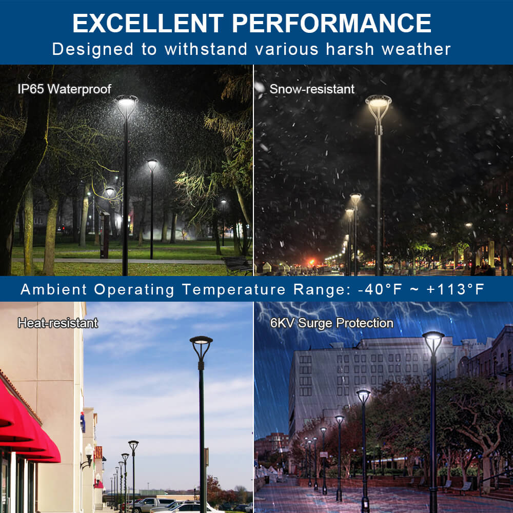 Konlite Black outdoor Postop light fixture demonstrating performance in various weather conditions with text highlighting features like IP65 waterproof, snow-resistant, heat-resistant, and 6KV surge protection.