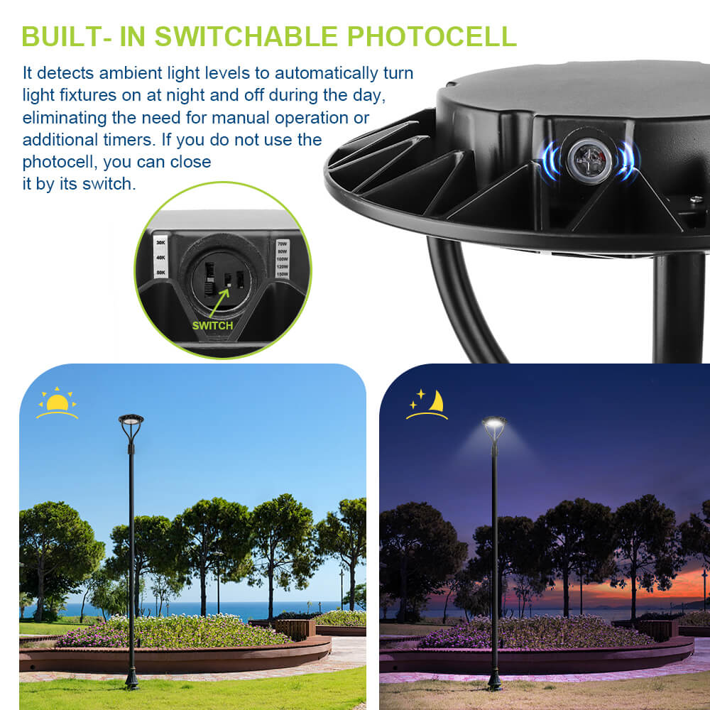Konlite Black outdoor Postop light fixture with built-in photocell feature, shown during day and night.