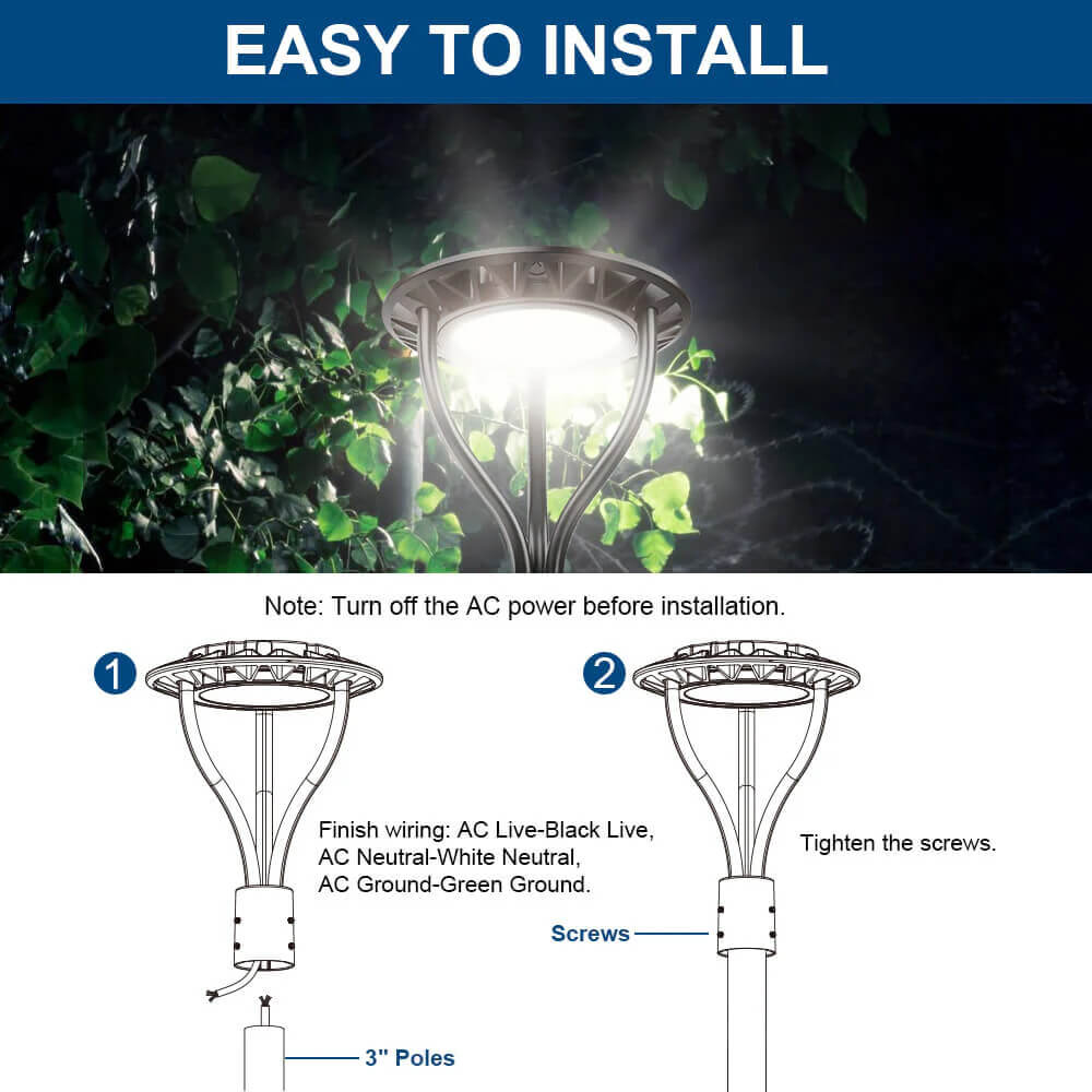 Konlite Black outdoor Postop light fixture with installation instructions and diagram on a dark background