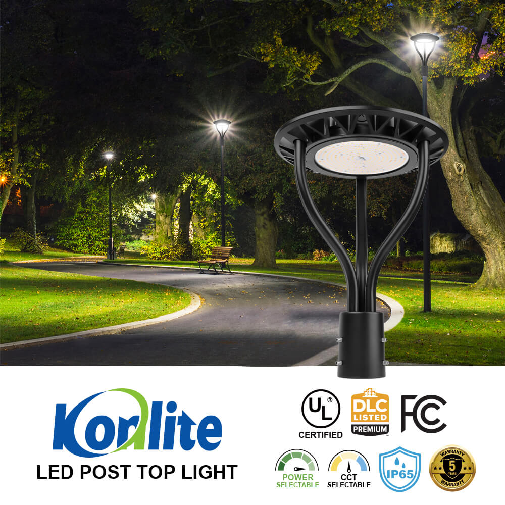 Koralite LED post top light in a park setting with certification logos displayed.