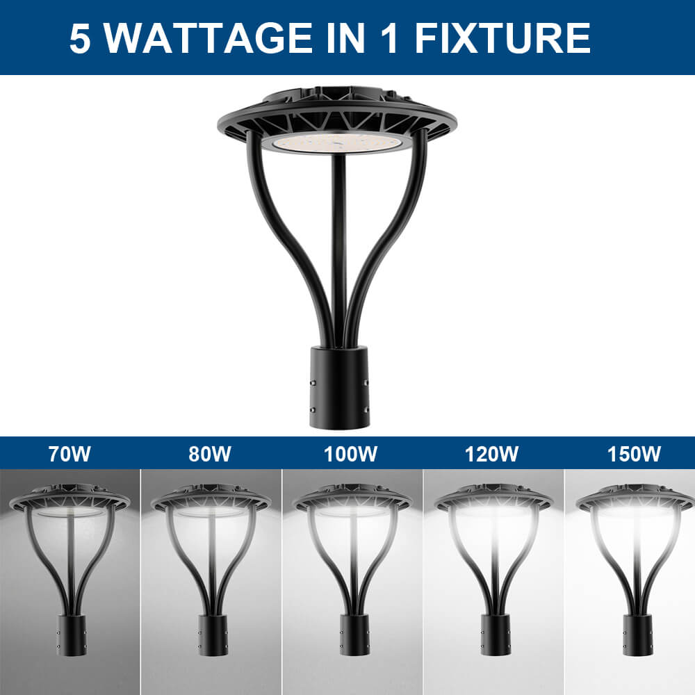 Konlite Black outdoor Postop light fixture wattage options on a black background