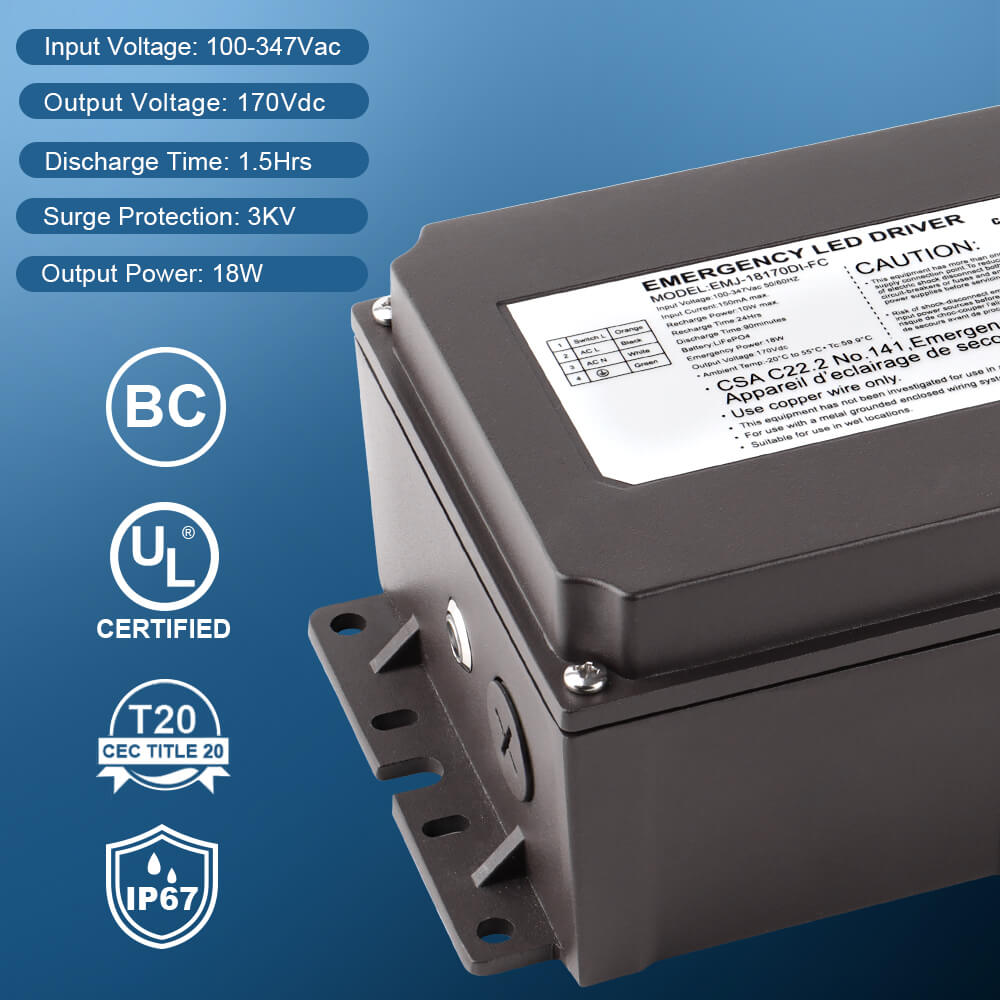 Emergency LED driver with specifications and certifications on a blue background