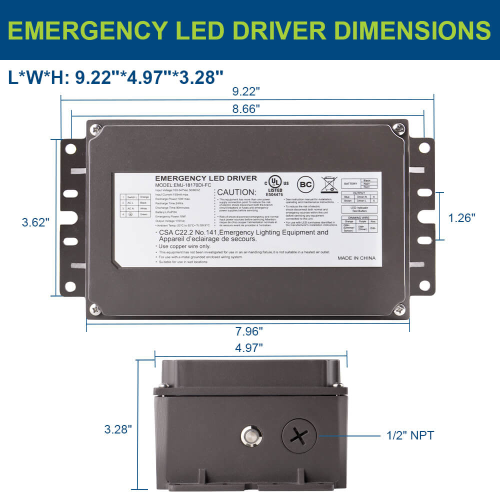 Dimensions of an emergency LED driver with labeled measurements on a white background.