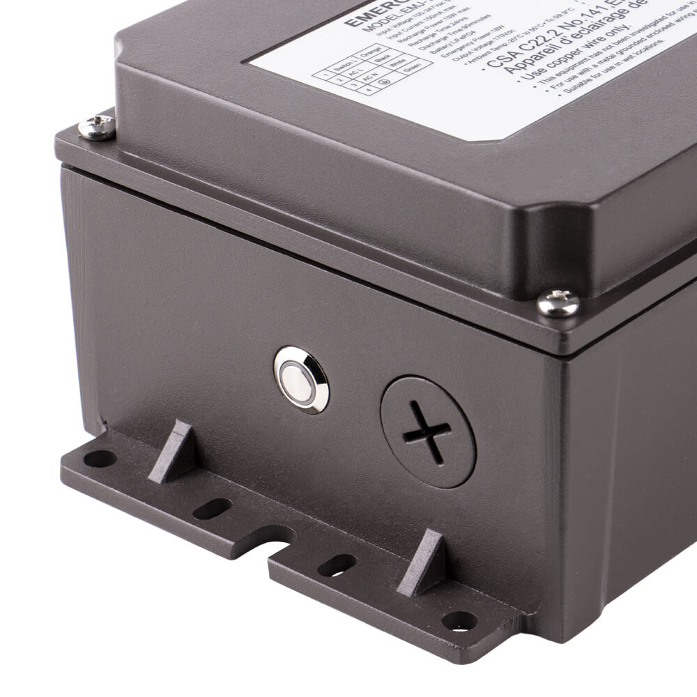 Metal enclosure with mounting bracket and power symbol on a white background