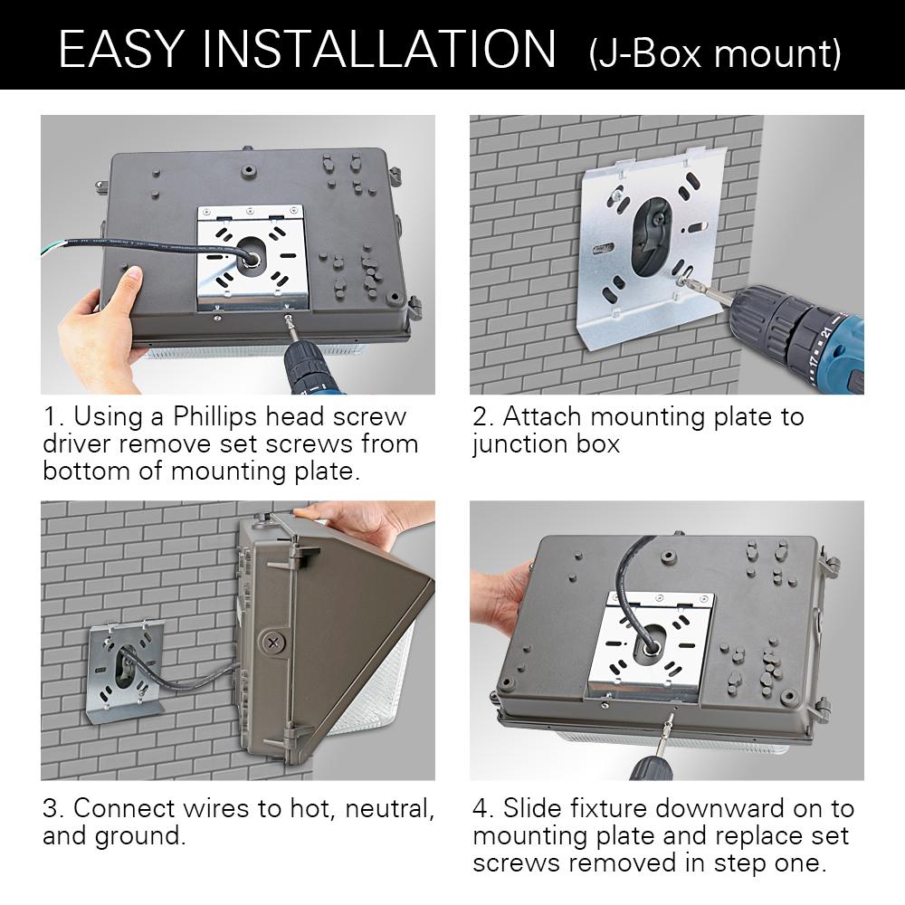 Konlite LED Wall Pack Light With Photocell - 80W easy installation j-box mount