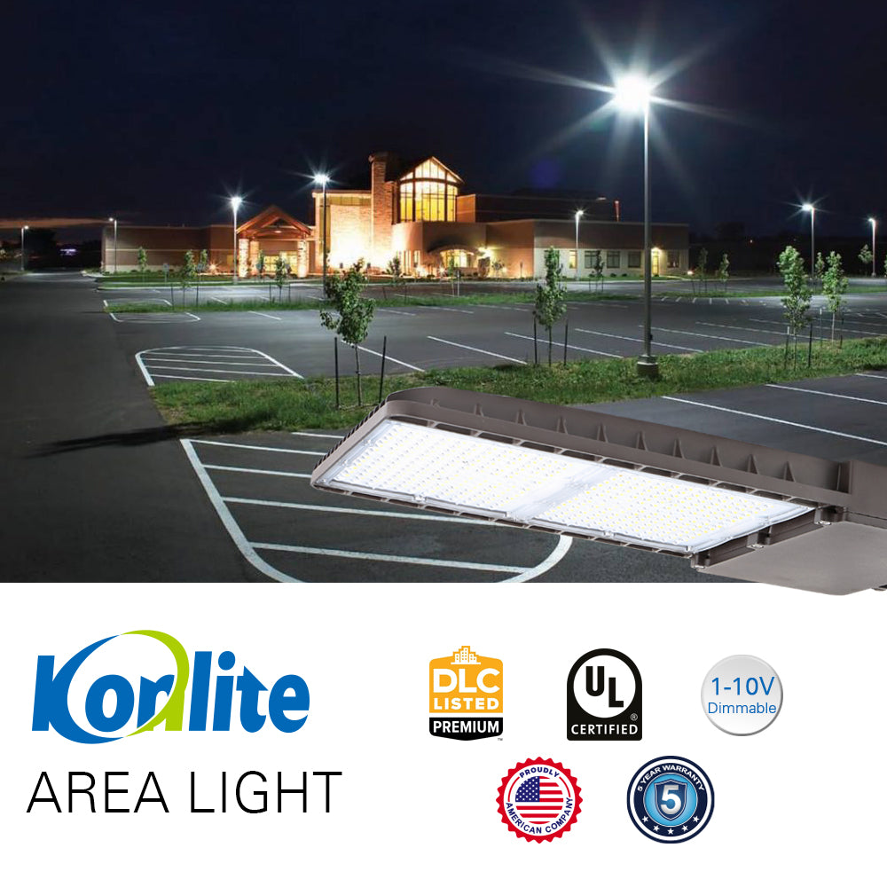 UL and DLC certified Konlite led pole lights illuminate a parting lot of commercial buildings