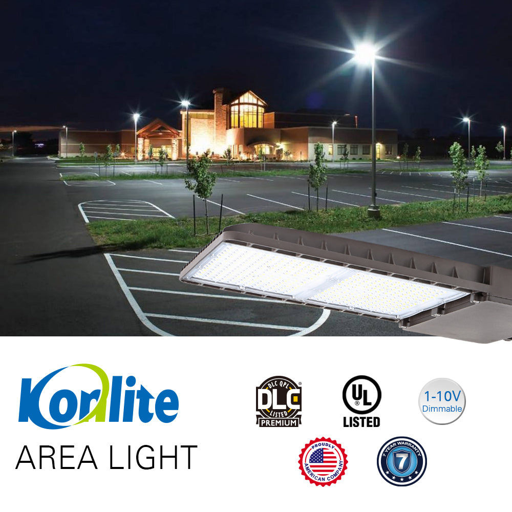 UL and DLC certified Konlite led pole lights illuminate a parting lot of commercial buildings