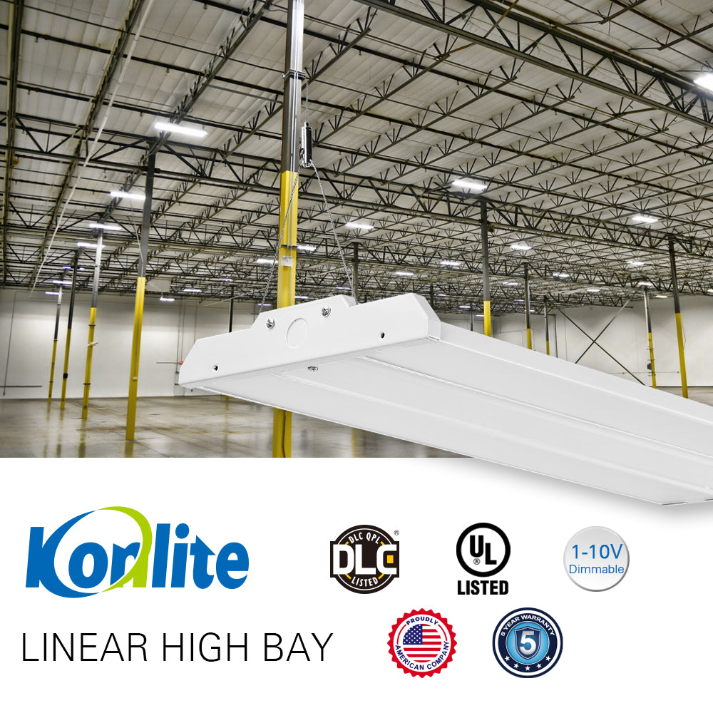 Konlite Linear LED Highbay Light hanging in a warehouse