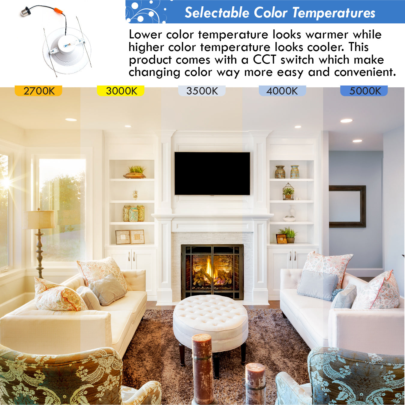 LED 5-6" LED Recessed Downlight Retrofit - 1100 lumens - 120W Equal (14W)  - Dimmable- 5 Colors Selectable - 120V