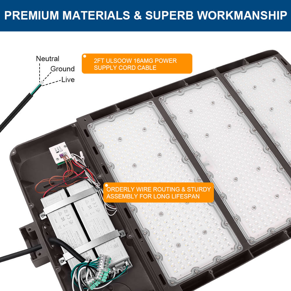 Konlite Spica 600W LED Tennis court light with labeled components and text about materials and workmanship.