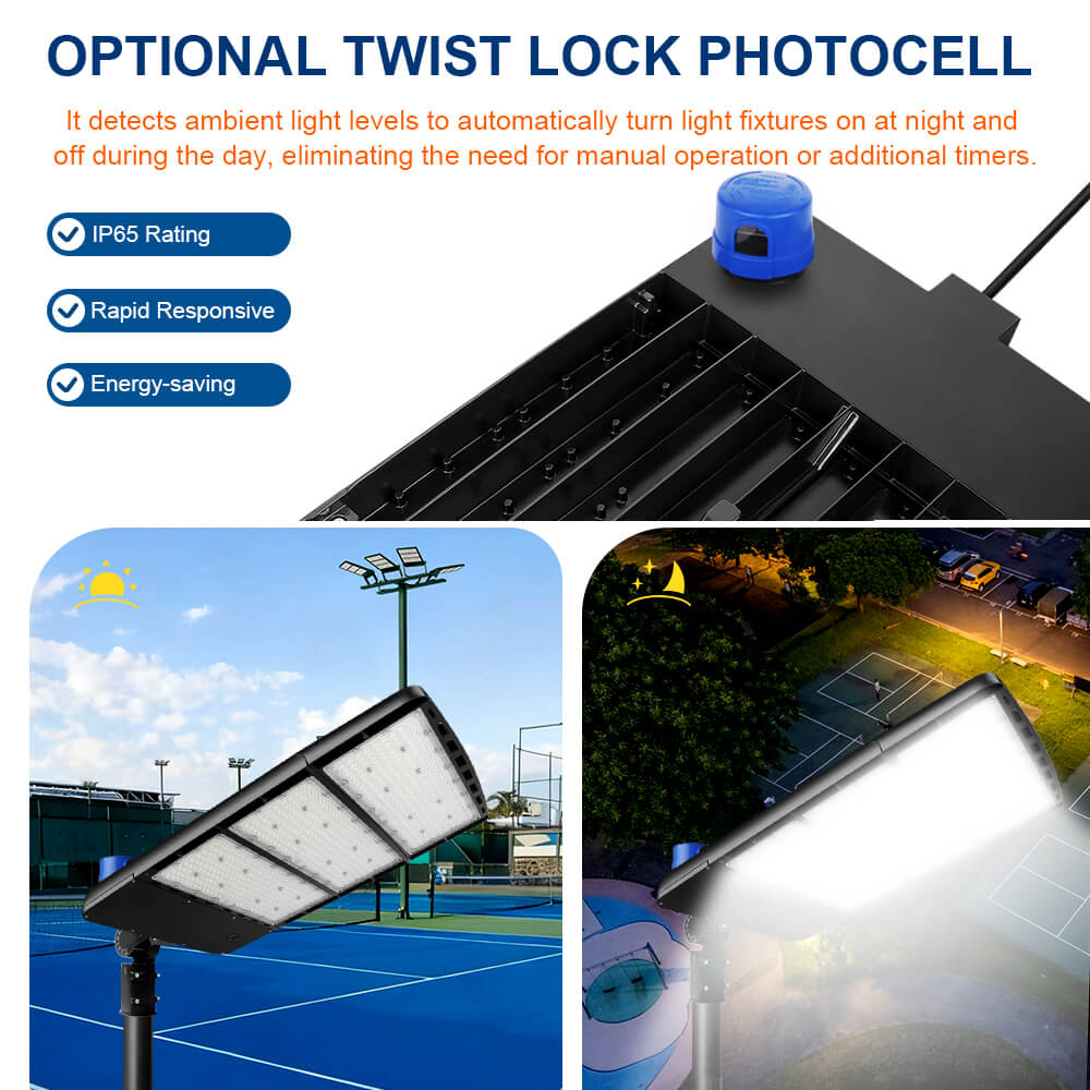 Photocell option of a Konlite Spica 600W Black LED Sports Light - Tennis Court Light with Slip Fitter Mount