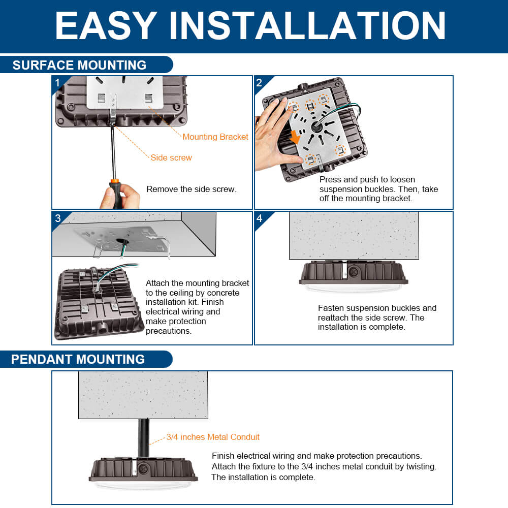 Step-by-step installation guide for surface and pendant mounting for a Konlite LED Canopy Area Light