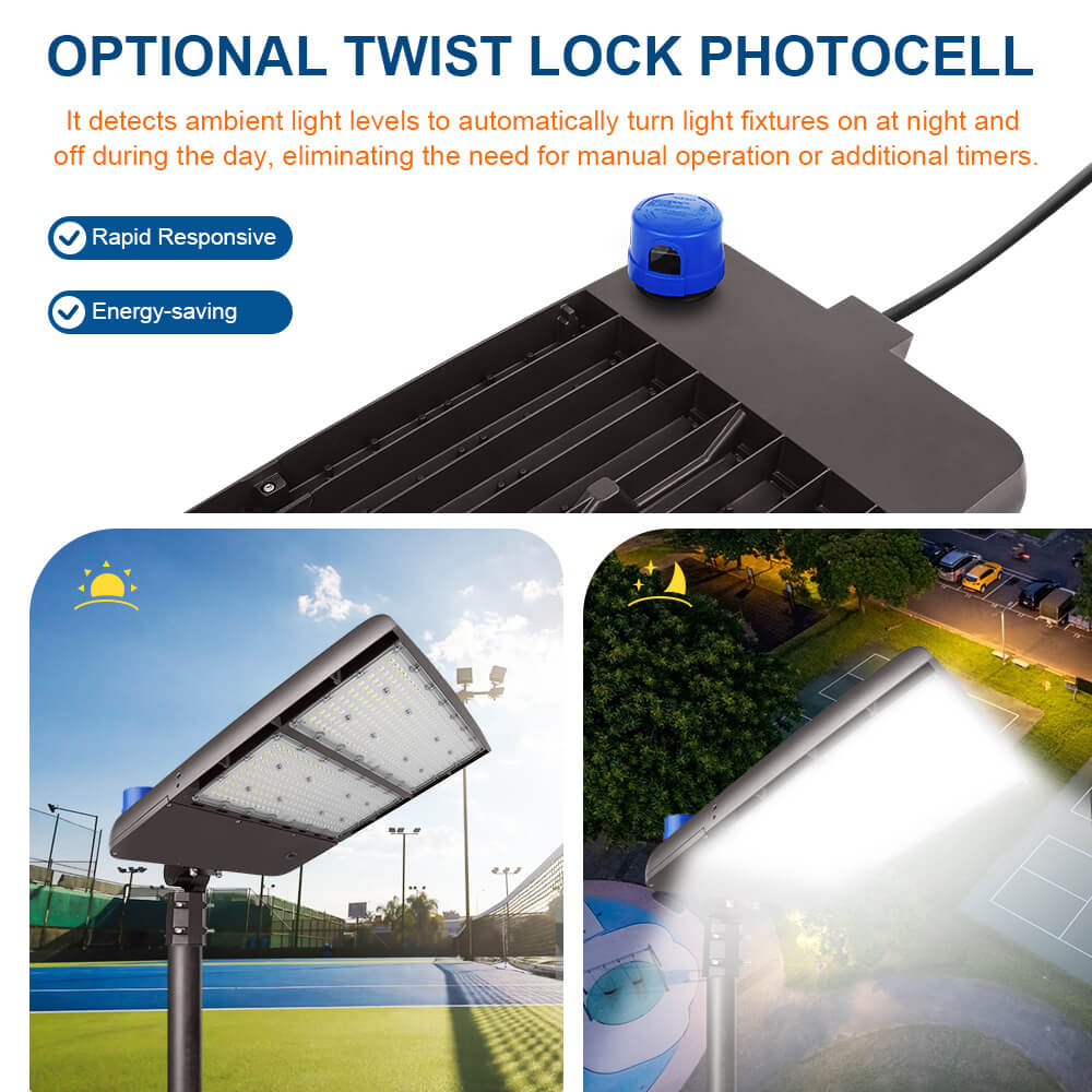 Konlite Spica 400W LED Tennis court light with twist lock photocell feature, used in outdoor settings.