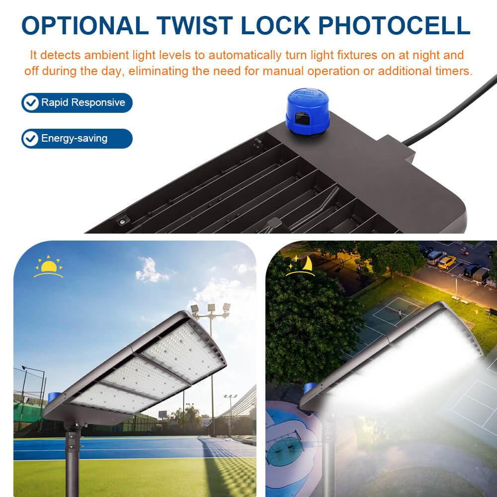 Konlite Spica 600W LED Tennis court light with twist lock photocell feature, showing outdoor applications.