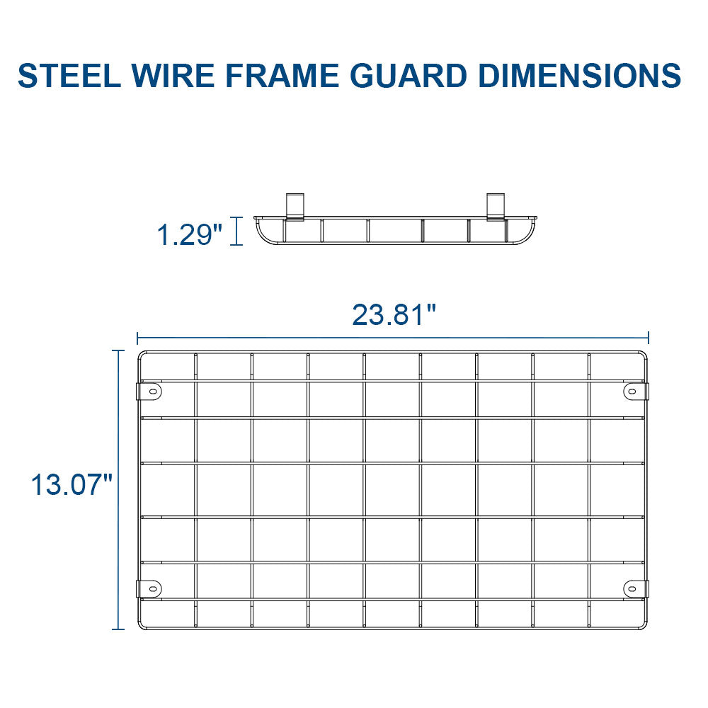 Diagram of a steel wire frame guard with dimensions labeled
