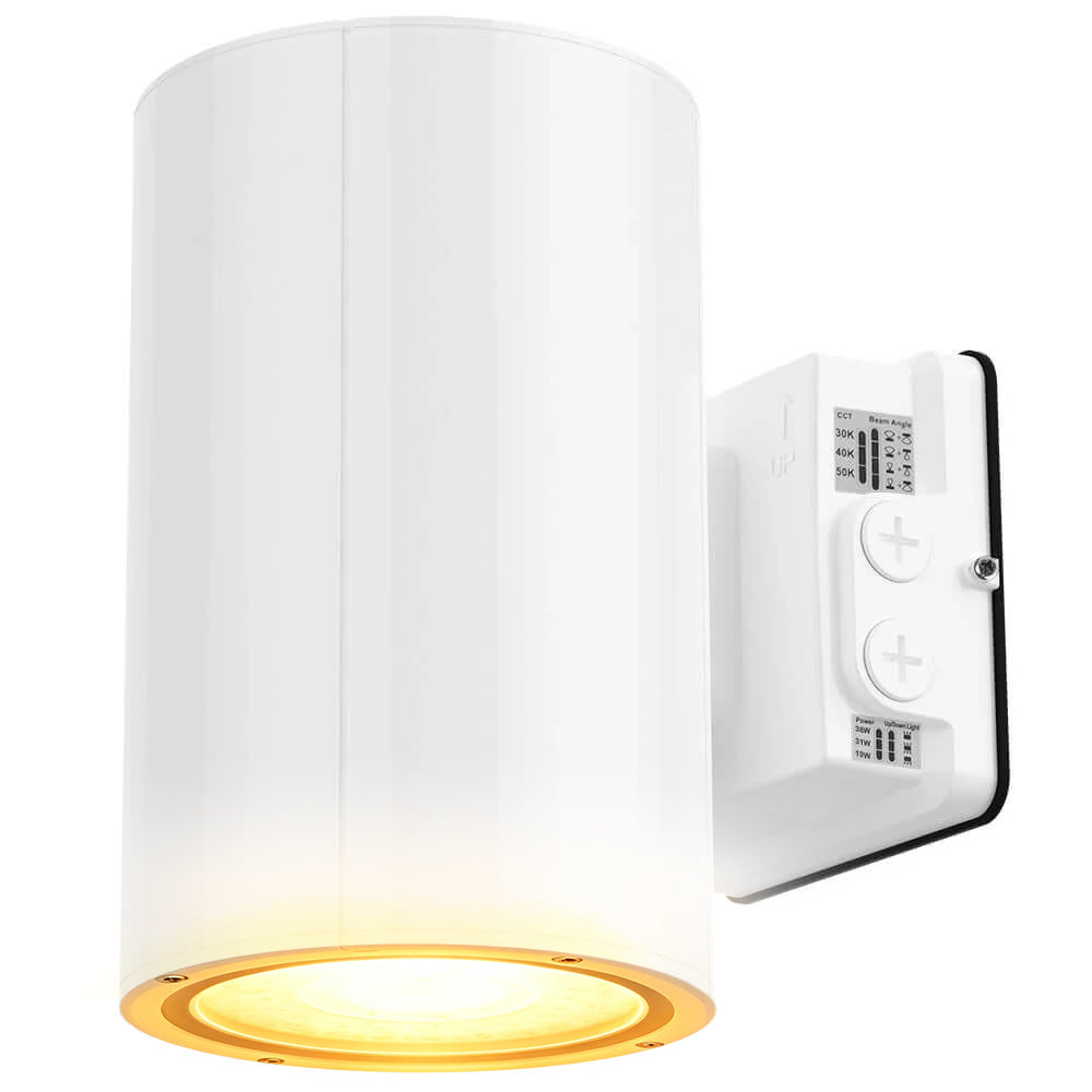 White Konlite 38W Amber LED Cylinder Wall Light - Wildlife friendly - with pre-installed emergency battery back up
