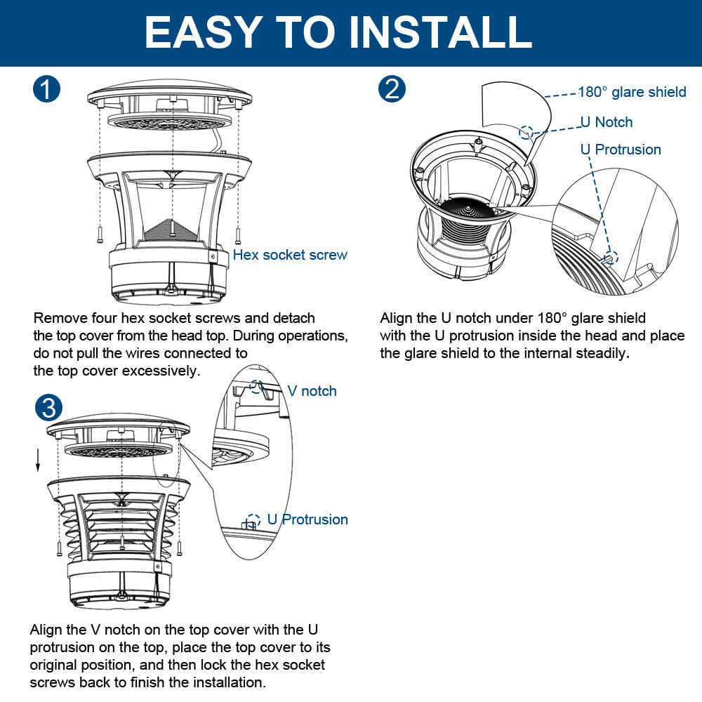 Easy installation for 180 Degree Glare Shield on a Konlite KXBL LED Bollard Head 