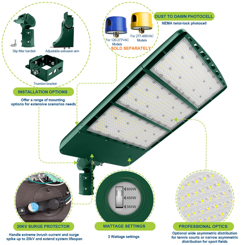 Konlite Spica 600W Hunter Green LED Tennis court light product details