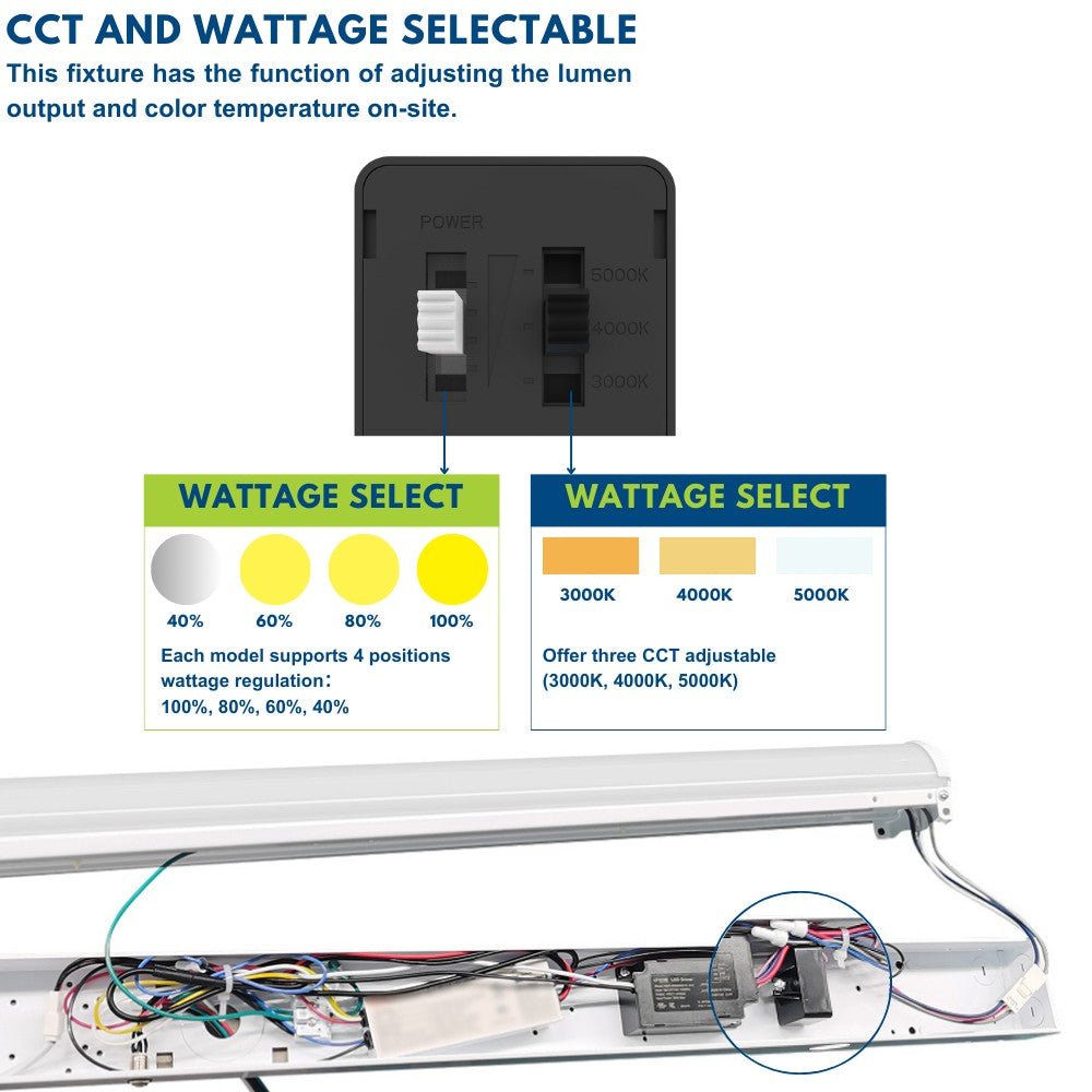 4ft Linear LED Strip Fixture with CCT and wattage selectable 