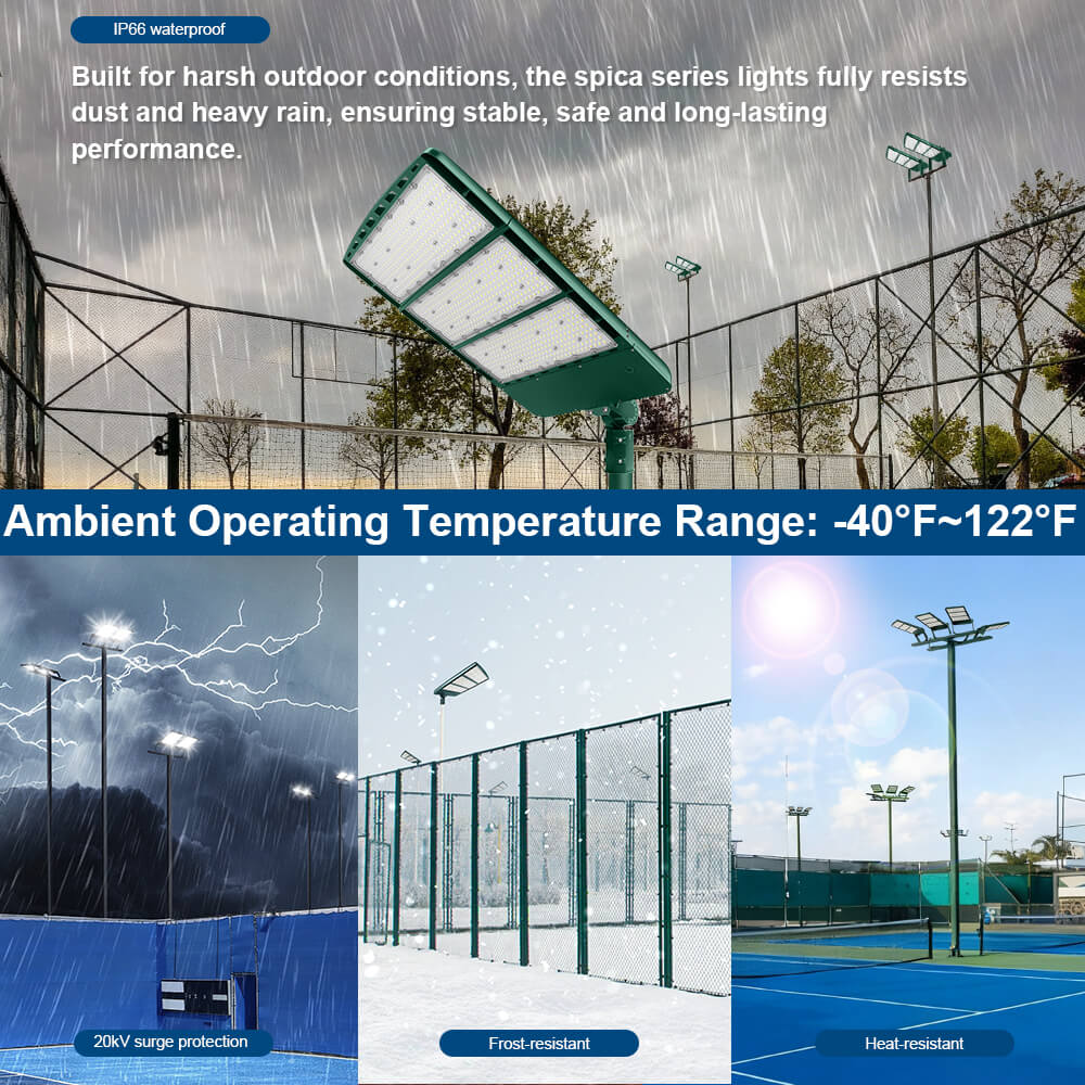 Konlite Spica 600W Hunter Green LED Tennis court lights on a sports court with text about weather resistance and temperature range.