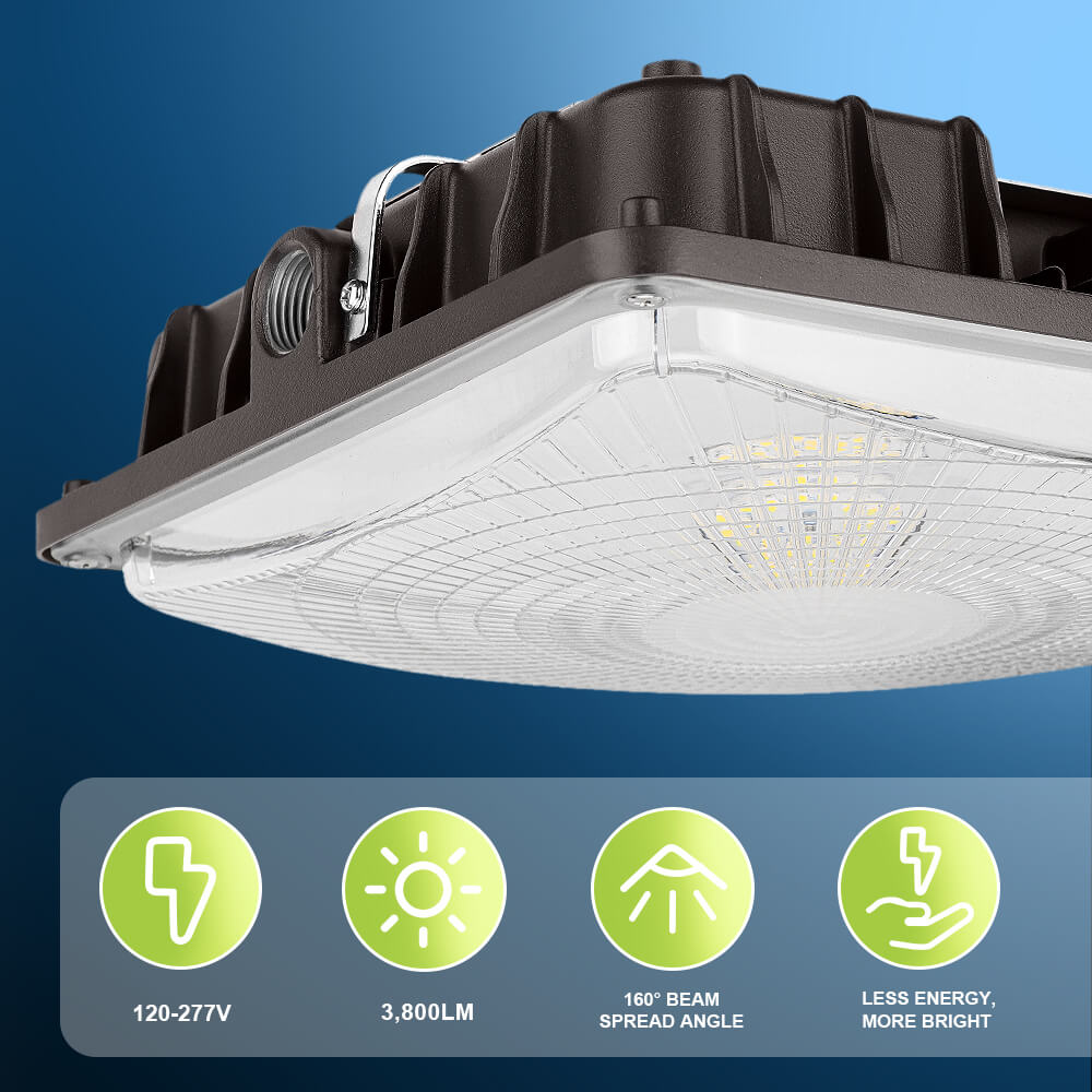 Industrial LED canopy light with specifications on a blue background