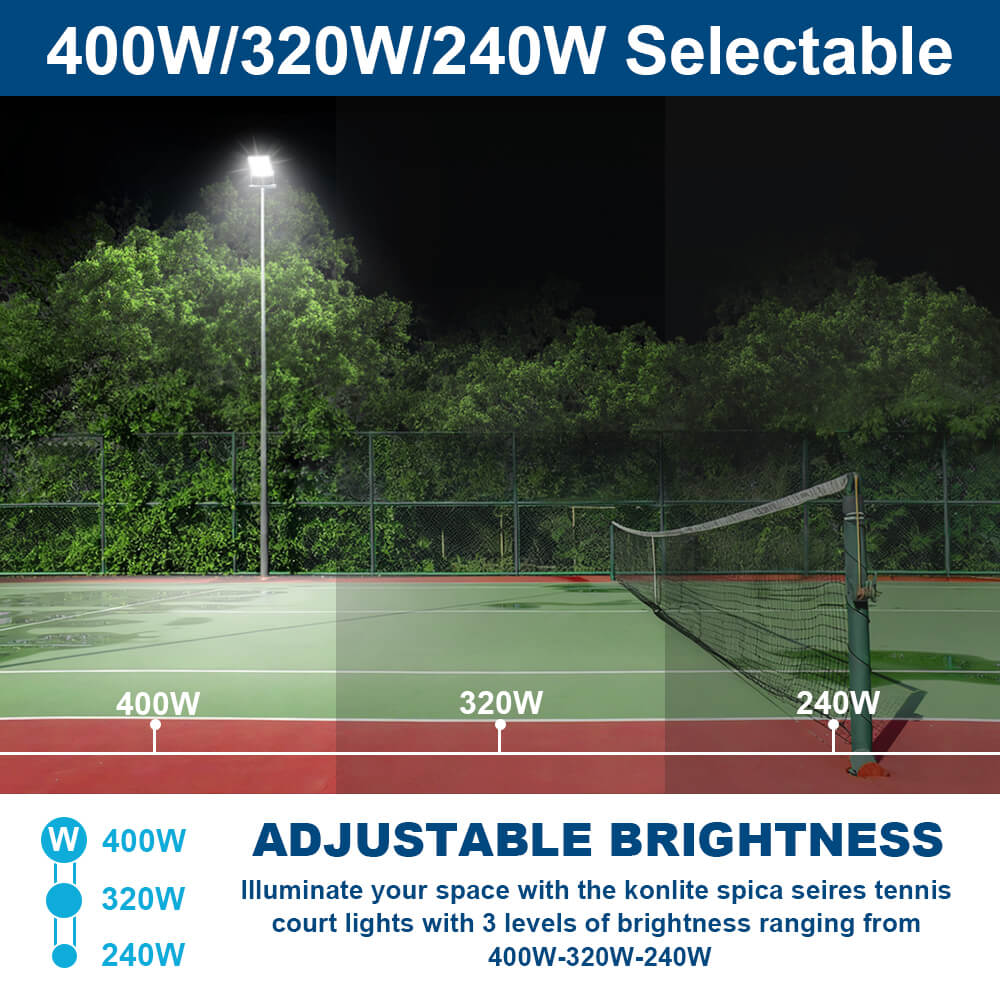 Tennis court illuminated by a light pole with Konlite Spica 400W LED Tennis court light adjustable brightness options displayed.
