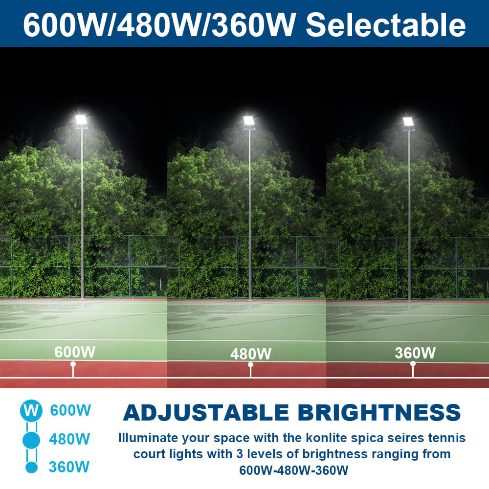 Konlite Spica 600W LED Tennis court lights with adjustable brightness options on a dark background