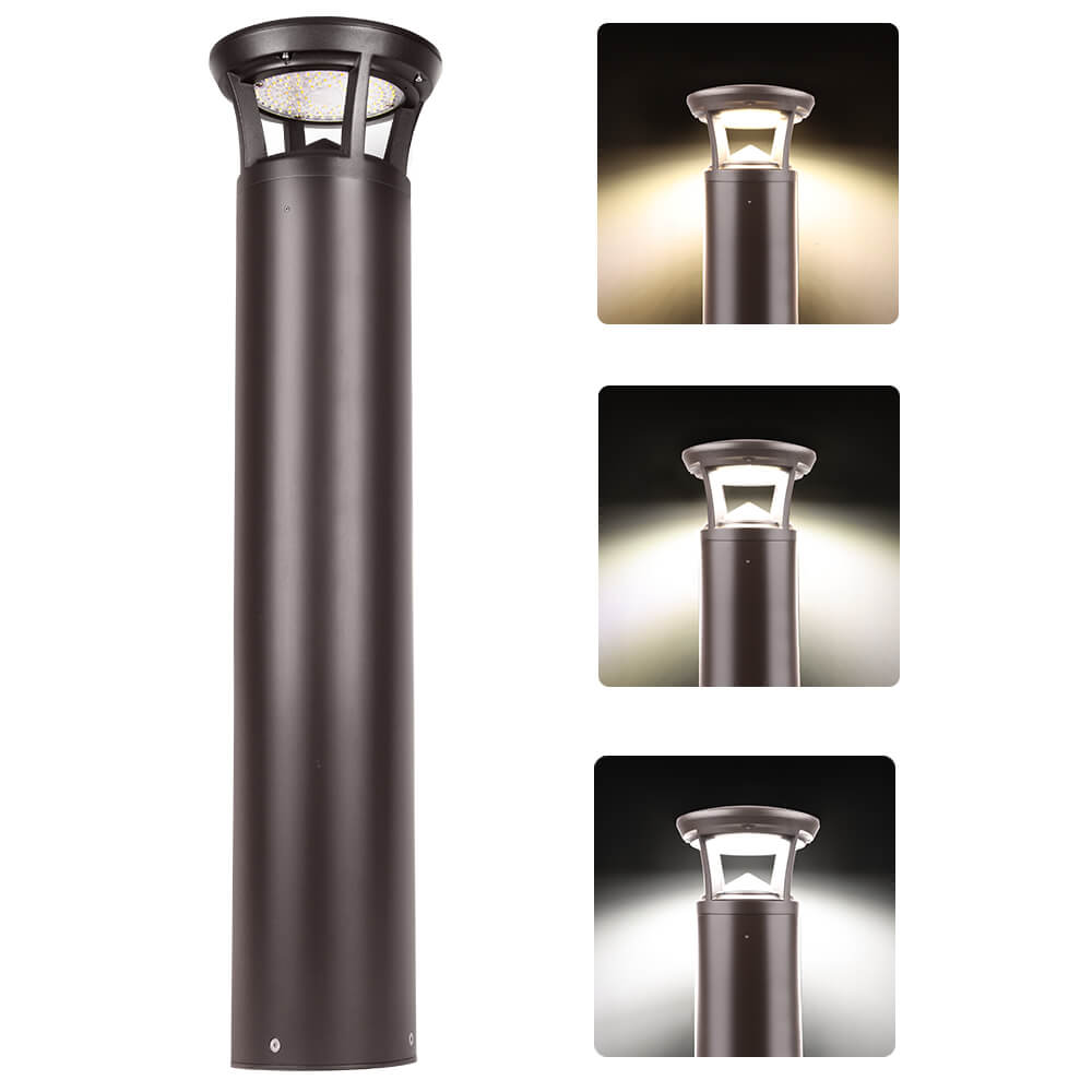 Outdoor lamp post with close-up insets showing light emission on a white background