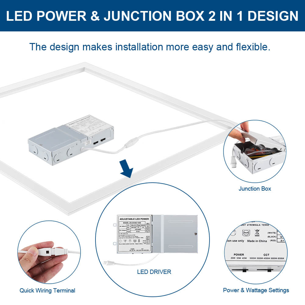 LED power and junction box 2-in-1 design with installation instructions and product details.