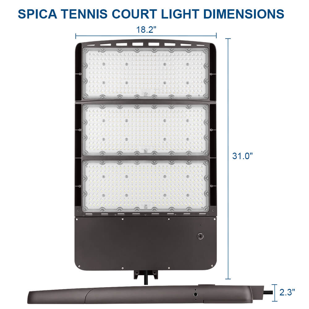 Spica tennis court light with dimensions labeled on a white background