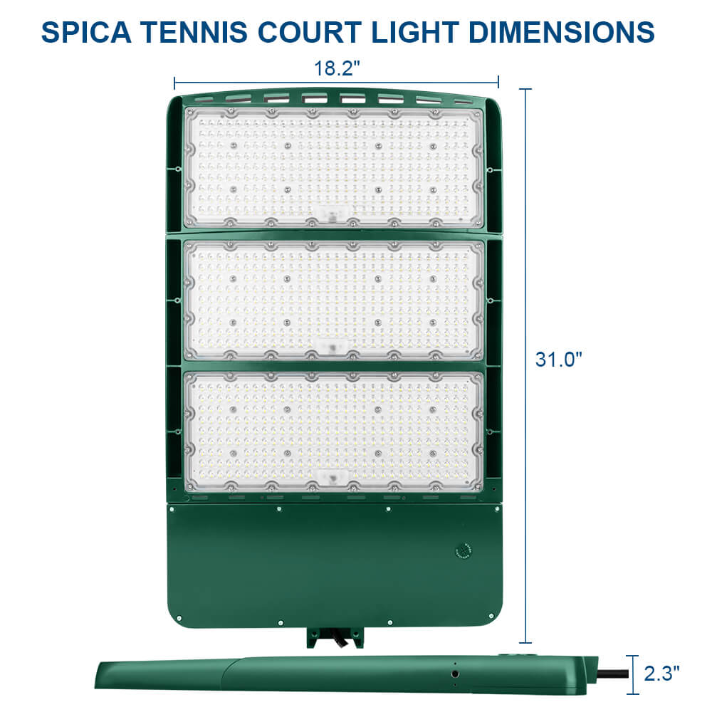 Dimensions of a Konlite Spica 600W Hunter Green LED Tennis court light 