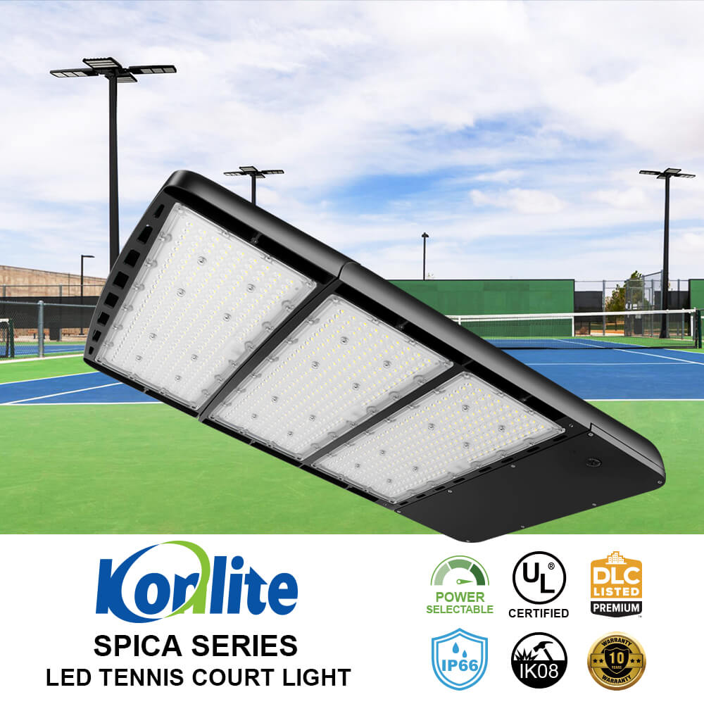 Koralite Spica Series LED tennis court light with a tennis court background