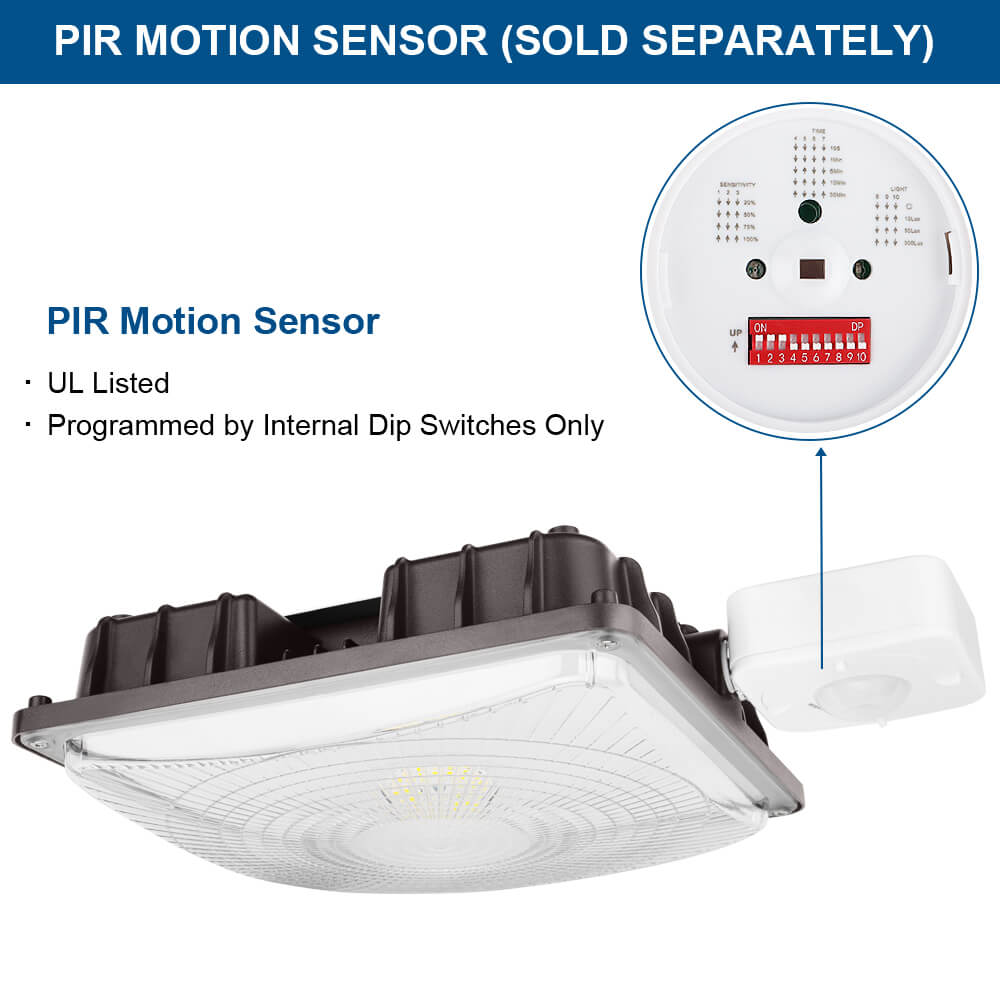 Light fixture with PIR motion sensor attachment and text indicating sensor settings.