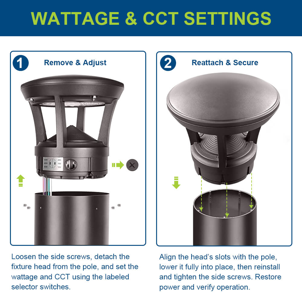 Instructions for adjusting wattage and CCT settings on a 4ft Konlite LED Bollard Light