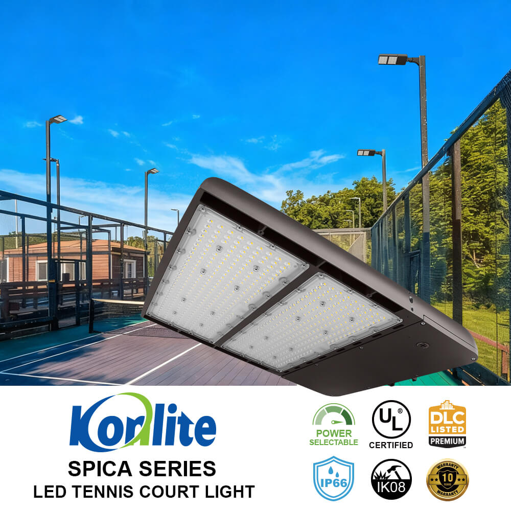 Koralite Spica Series LED tennis court light on a tennis court with a blue sky.