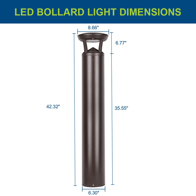 LED bollard light with dimensions labeled on a white background