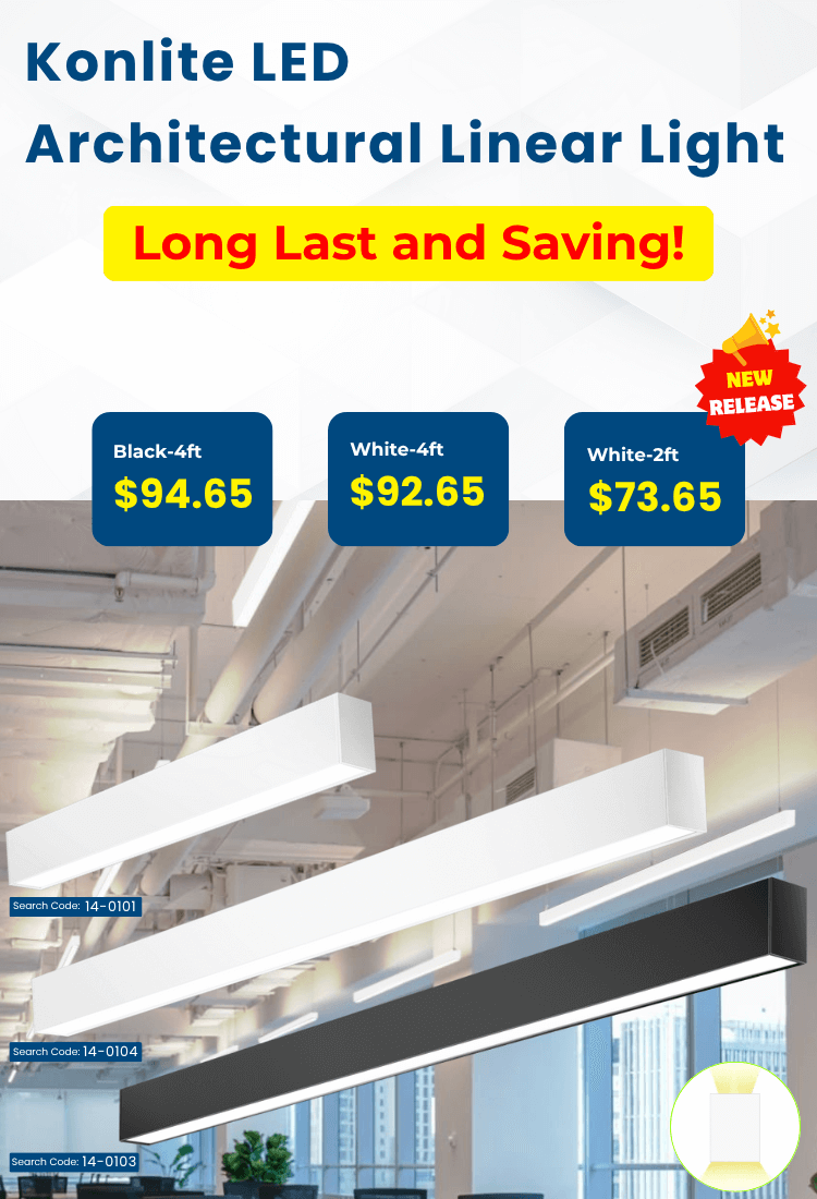 Advertisement for Konlite LED architectural linear light with pricing and product images.