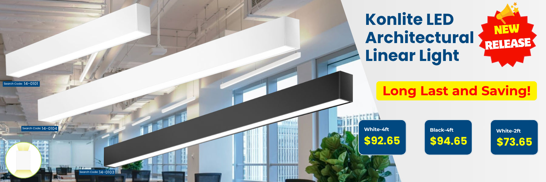 Konlite LED Architectural Linear Light with pricing and promotional text in a modern office setting.